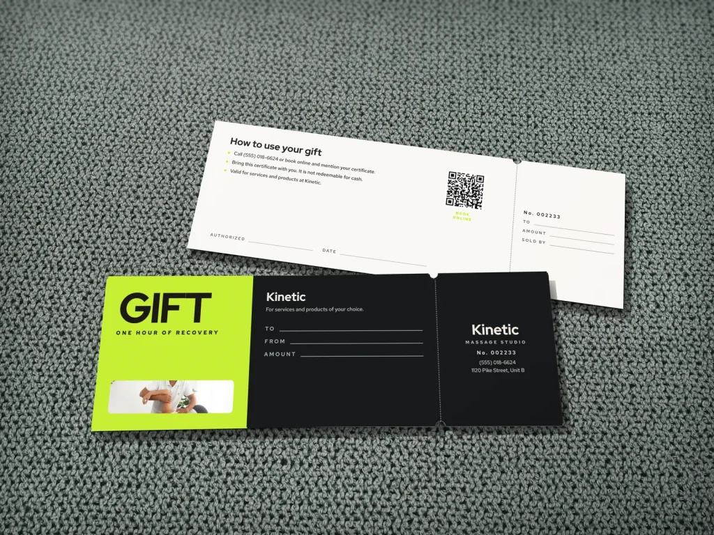 Mẫu gift certificate GC-09 cho spa: Kinetic, đen và xanh chanh, ảnh kéo giãn cơ