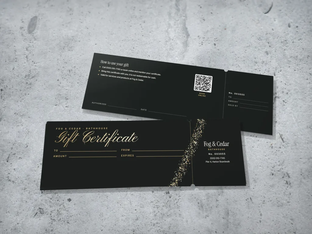 Mẫu gift certificate GC-15 cho spa: Fog & Cedar, xám than, kim tuyến vàng nhạt