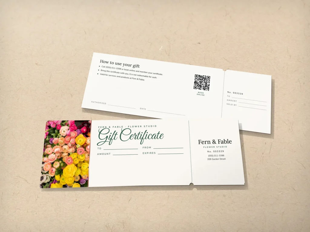 Mẫu gift certificate GC-17 cho cửa hàng: Fern & Fable, ảnh hoa mao lương hồng