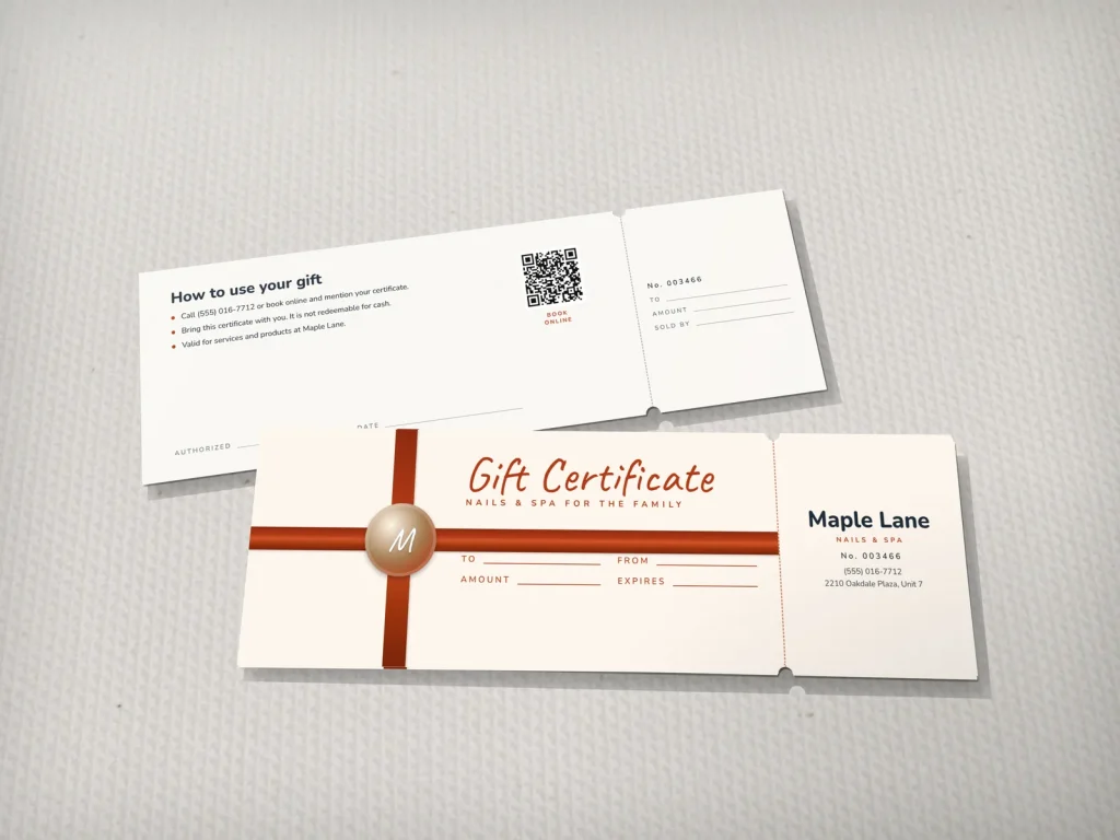 Mẫu gift certificate GC-18 cho tiệm nail: Maple Lane, màu kem, ruy băng đỏ cam