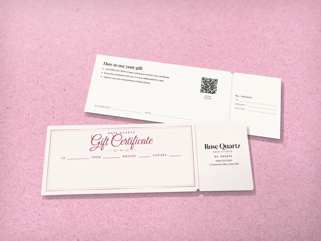 Mẫu gift certificate GC-19 cho spa: Rose Quartz, hồng thạch anh, khung viền ép kim hồng