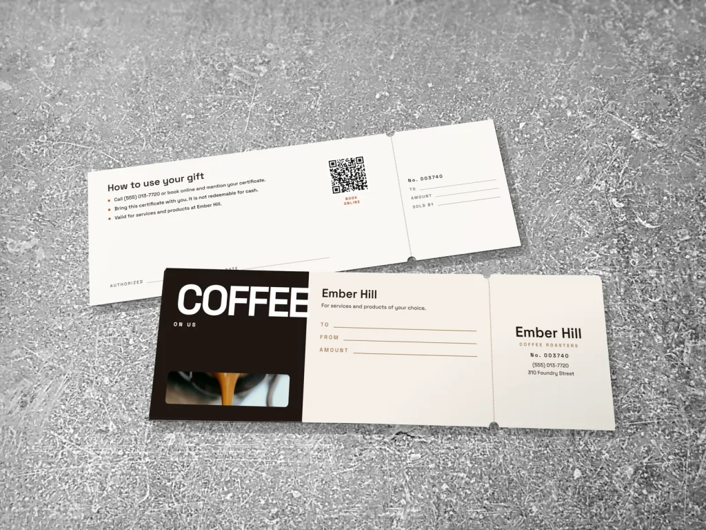 Mẫu gift certificate GC-20 cho tiệm bánh và café: Ember Hill, mảng nâu espresso, chữ COFFEE lớn