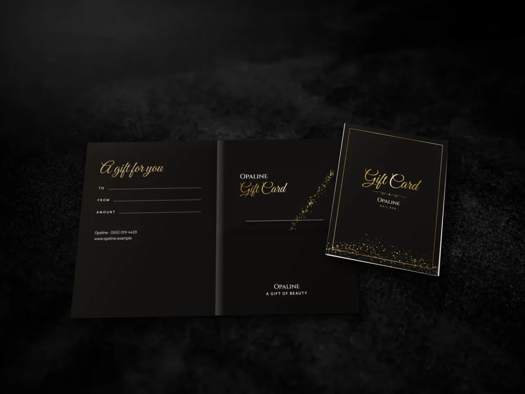 Gift card holder template GH-01 for a nail salon: Opaline, black glitter cover with a gold foil frame