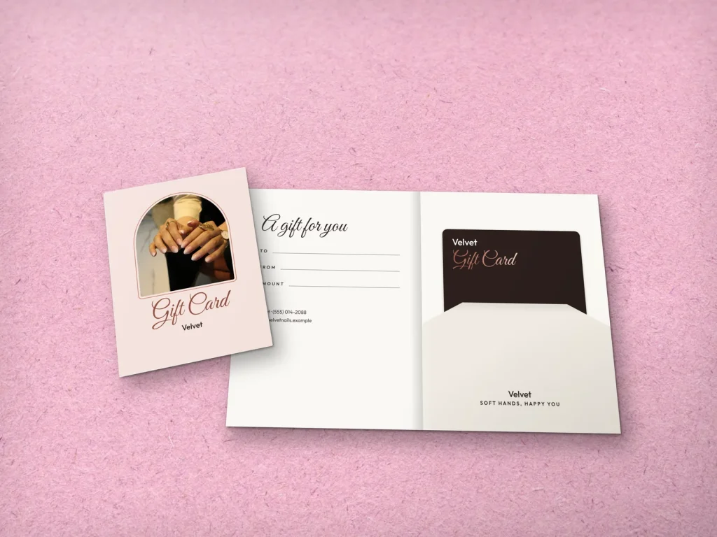 Gift card holder template GH-02 for a nail salon: Velvet, blush with a nails photo in an arch