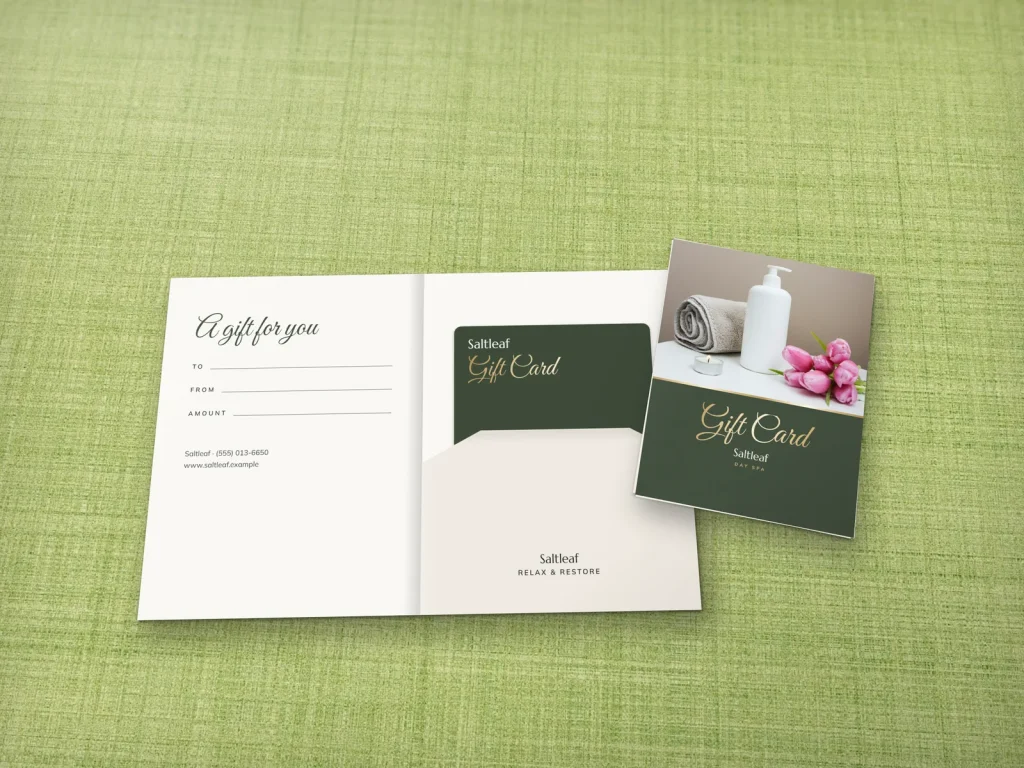 Gift card holder template GH-03 for a spa: Saltleaf, towel and tulips photo on sage