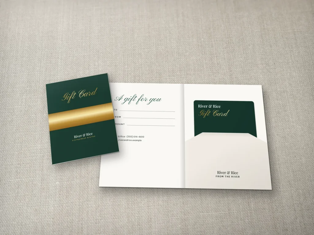 Gift card holder template GH-04 for a restaurant: River & Rice, forest green with a gold ribbon band