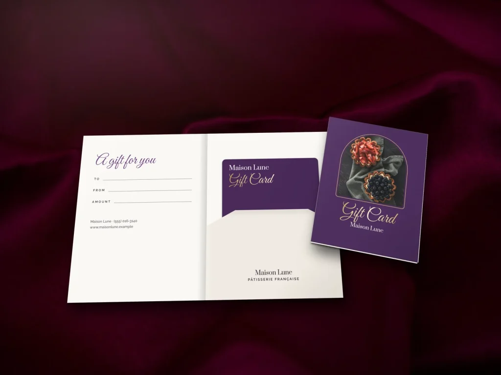 Gift card holder template GH-05 for a bakery or café: Maison Lune, plum with berry tartlets in an arch