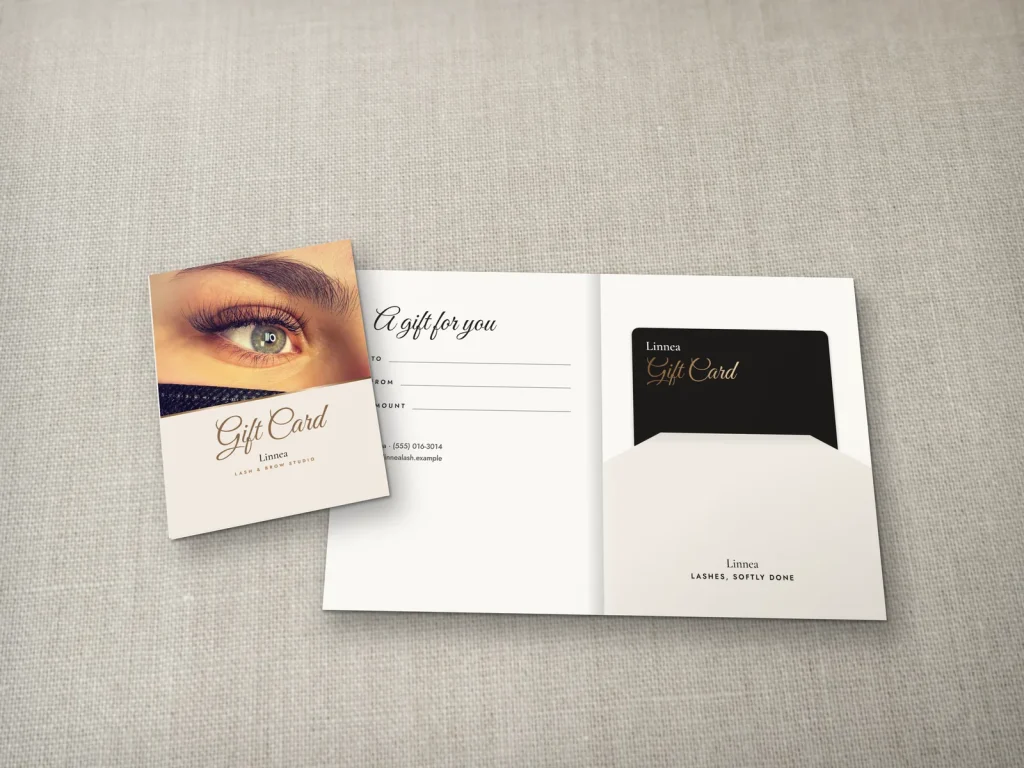 Gift card holder template GH-06 for a lash and brow studio: Linnea, cream with a lash photo