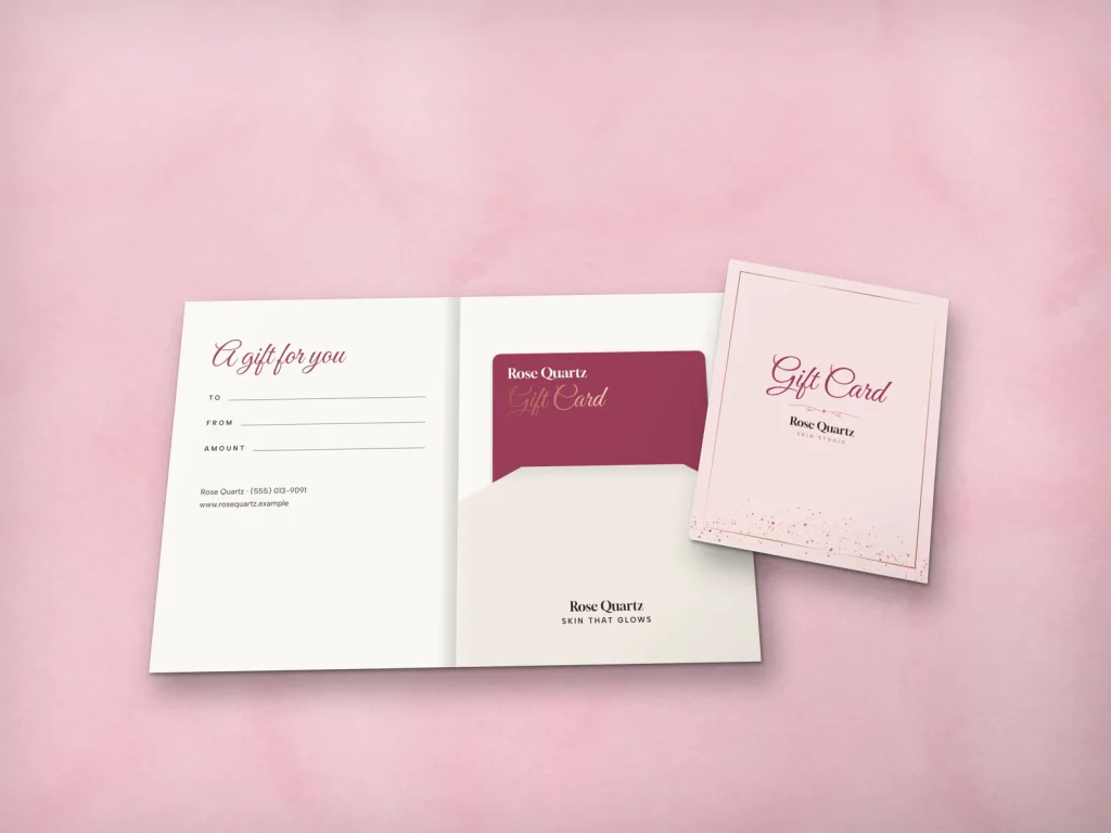 Gift card holder template GH-07 for a spa: Rose Quartz, rose quartz with rose gold glitter