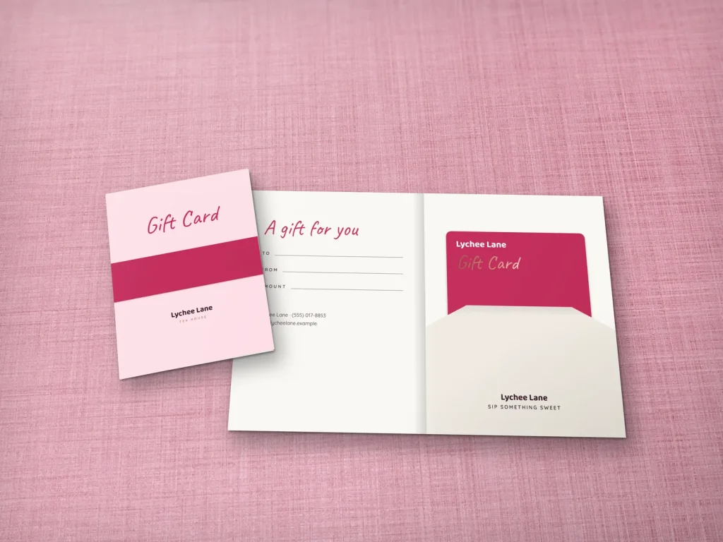Gift card holder template GH-08 for a restaurant: Lychee Lane, lychee pink with a berry band