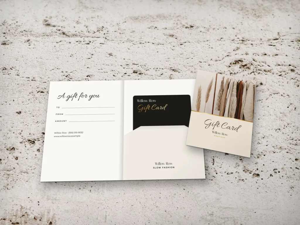 Gift card holder template GH-09 for a shop: Willow Row, sand with knitwear and pampas