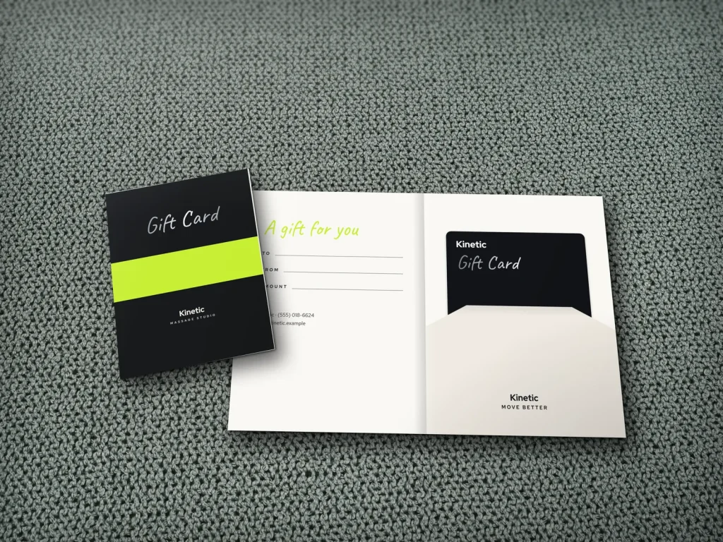 Gift card holder template GH-10 for a spa: Kinetic, black with a lime band