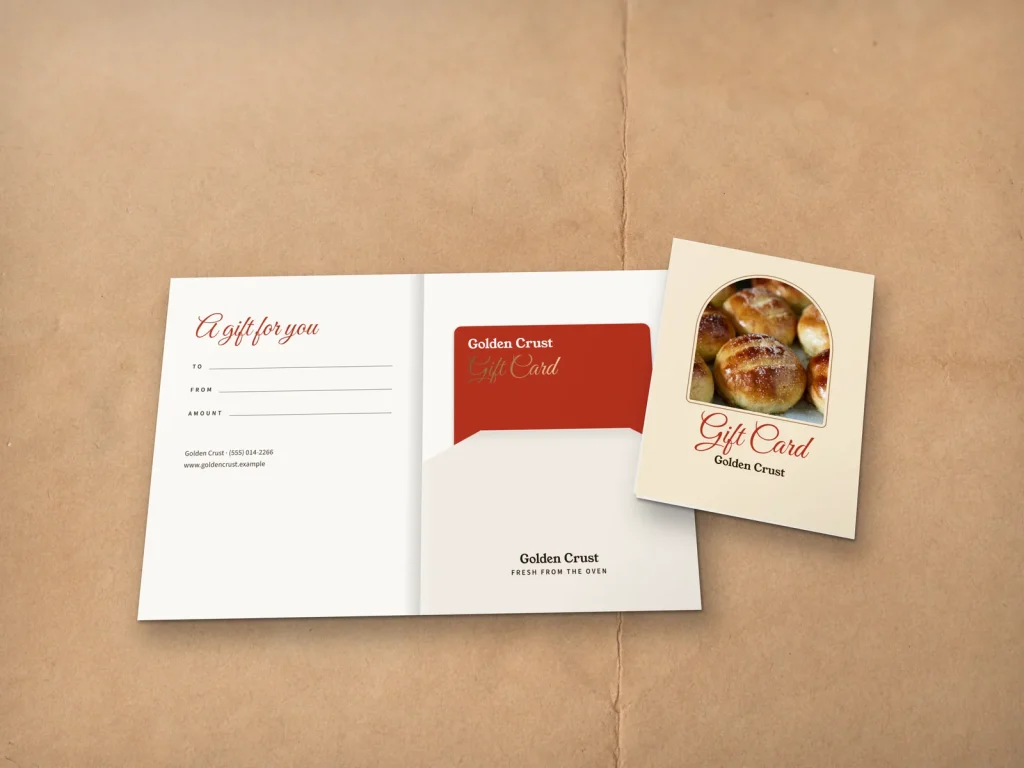 Gift card holder template GH-11 for a bakery or café: Golden Crust, kraft with sea salt buns in an arch