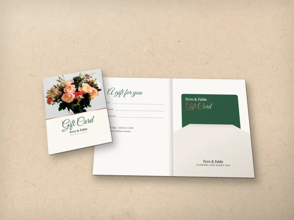 Gift card holder template GH-12 for a shop: Fern & Fable, peach rose bouquet with forest green script