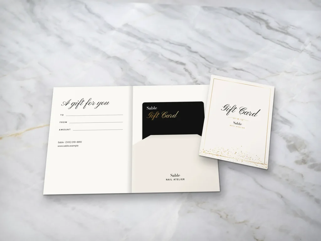 Gift card holder template GH-13 for a nail salon: Sable, ivory with gold glitter and black script
