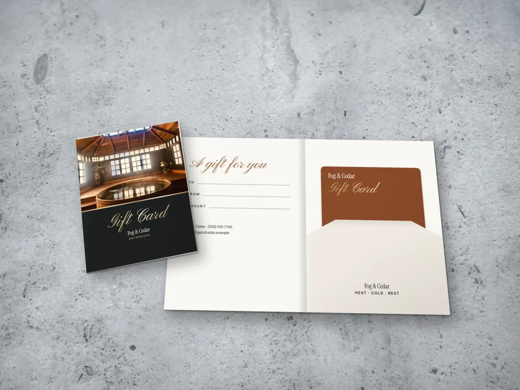 Gift card holder template GH-14 for a spa: Fog & Cedar, charcoal with a cedar tub photo