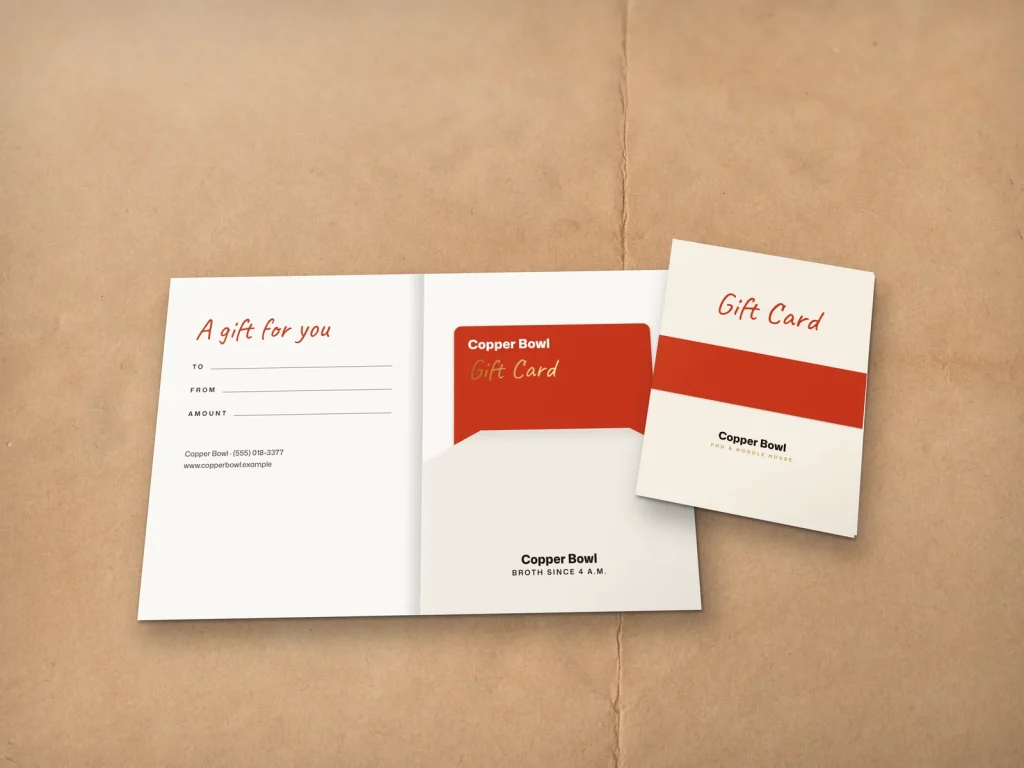 Gift card holder template GH-15 for a restaurant: Copper Bowl, cream with a copper red band