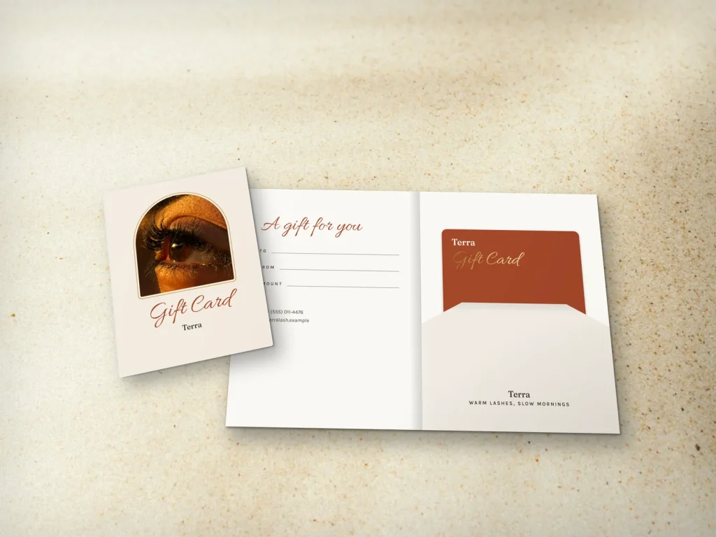Gift card holder template GH-16 for a lash and brow studio: Terra, cream with a golden-light lash photo in an arch