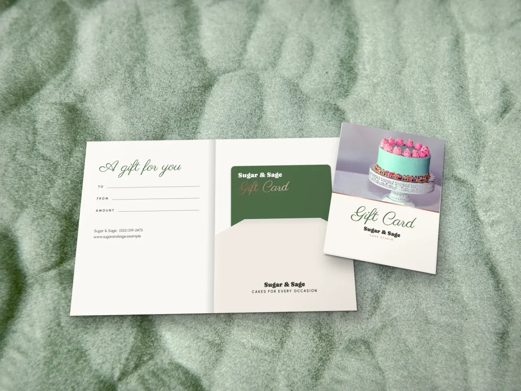 Gift card holder template GH-17 for a bakery or café: Sugar & Sage, mint cake with pink rosettes photo