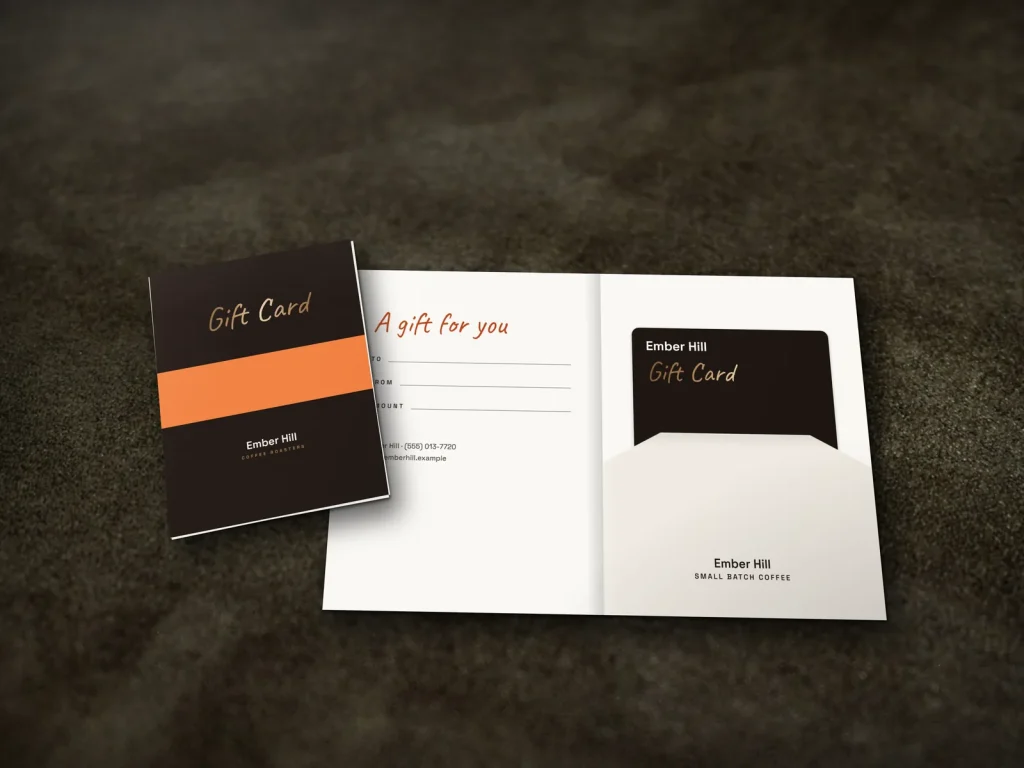 Gift card holder template GH-18 for a bakery or café: Ember Hill, espresso with an orange band