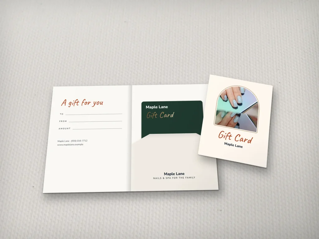 Gift card holder template GH-19 for a nail salon: Maple Lane, cream with light blue nails in an arch