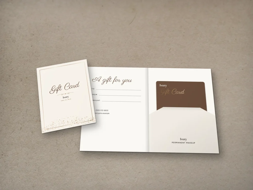 Gift card holder template GH-20 for a lash and brow studio: Ivory, ivory with bronze glitter and cocoa script