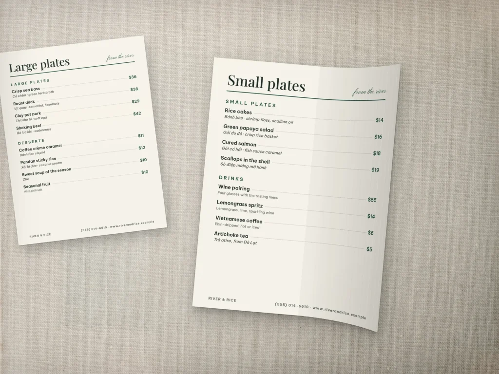 Flexible menu insert template MF-01 for a restaurant: River & Rice, a two-column page with dish photos, River & Rice