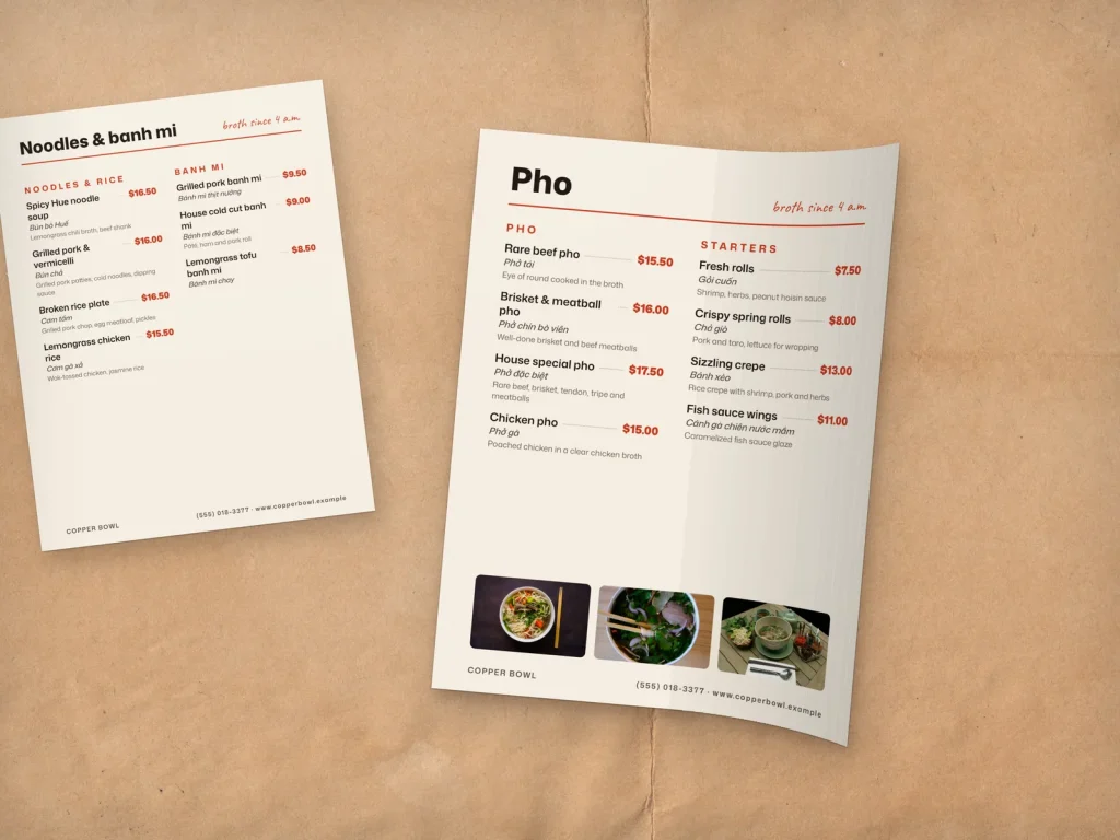 Flexible menu insert template MF-02 for a restaurant: Copper Bowl, a two-column page with dish photos, Copper Bowl