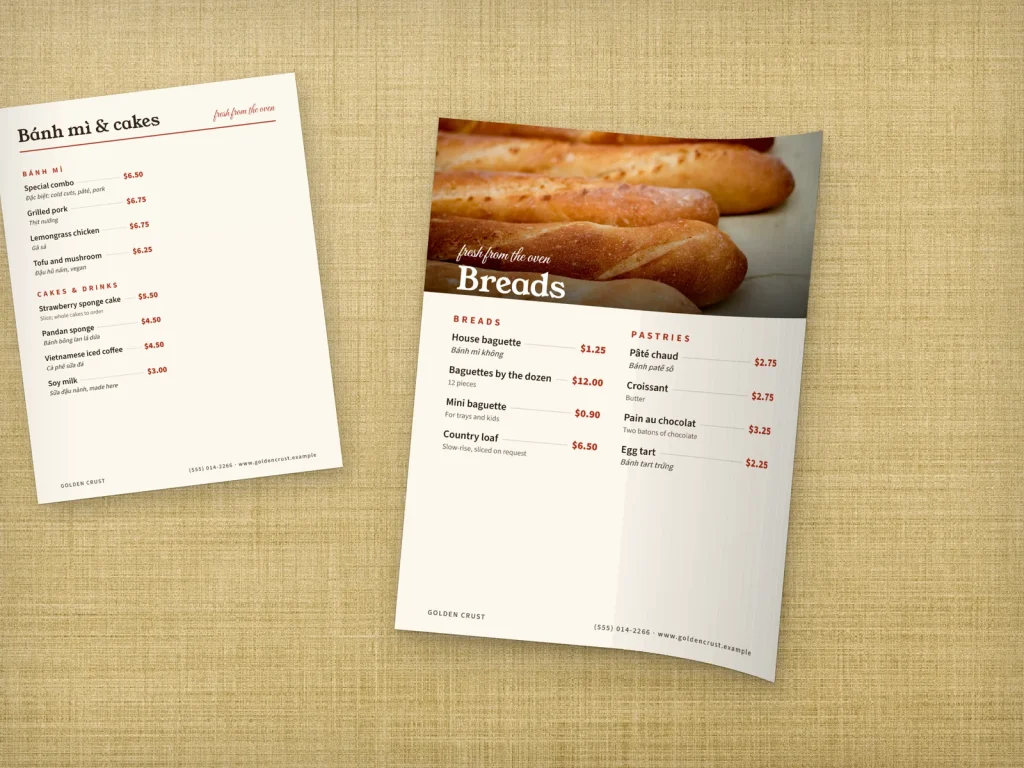 Flexible menu insert template MF-03 for a bakery or café: Golden Crust, a page with a big photo on top, Golden Crust