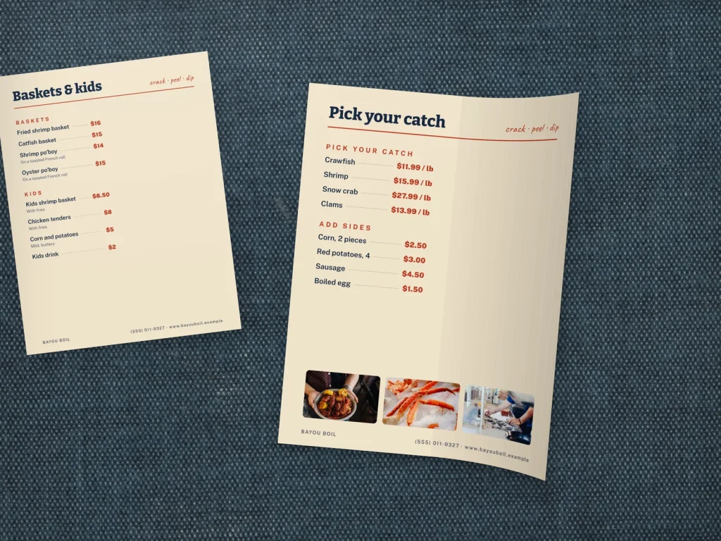 Flexible menu insert template MF-04 for a restaurant: Bayou Boil, a two-column page with dish photos, Bayou Boil