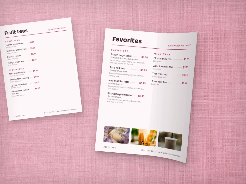 Flexible menu insert template MF-05 for a restaurant: Lychee Lane, a two-column page with dish photos, Lychee Lane