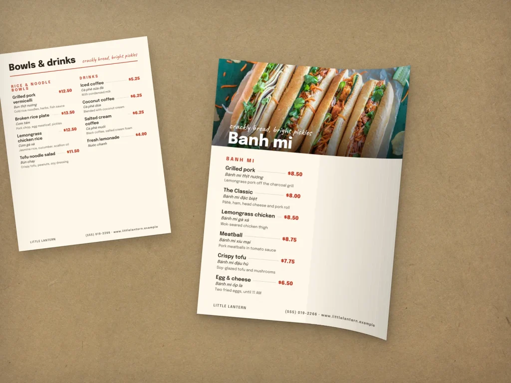 Flexible menu insert template MF-06 for a restaurant: Little Lantern, a page with a big photo on top, Little Lantern