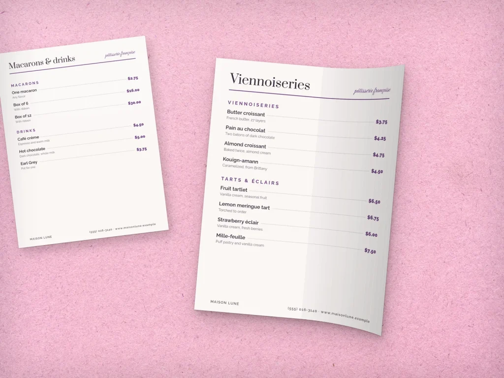 Flexible menu insert template MF-07 for a bakery or café: Maison Lune, a two-column page with dish photos, Maison Lune