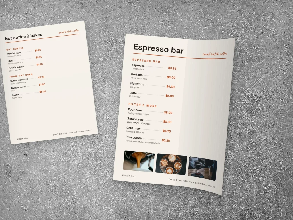 Flexible menu insert template MF-08 for a bakery or café: Ember Hill, a two-column page with dish photos, Ember Hill