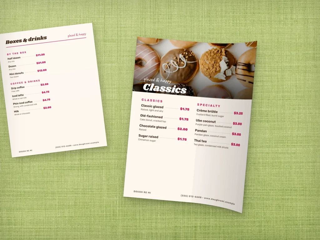 Flexible menu insert template MF-09 for a bakery or café: Dough Re Mi, a page with a big photo on top, Dough Re Mi