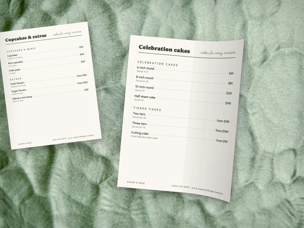 Flexible menu insert template MF-10 for a bakery or café: Sugar & Sage, a two-column page with dish photos, Sugar & Sage