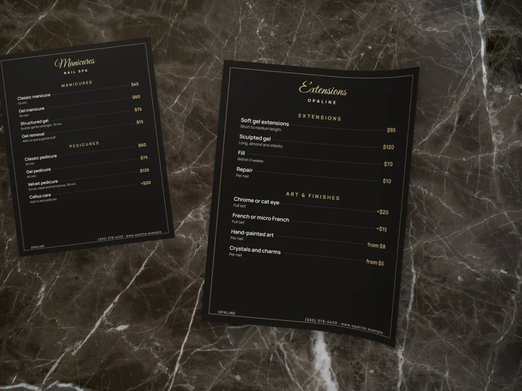 Flexible menu insert template MF-11 for a nail salon: Opaline, framed service list, Opaline