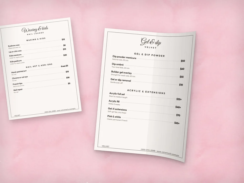 Flexible menu insert template MF-12 for a nail salon: Velvet, framed service list, Velvet
