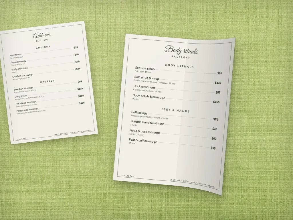 Flexible menu insert template MF-13 for a spa: Saltleaf, framed service list, Saltleaf