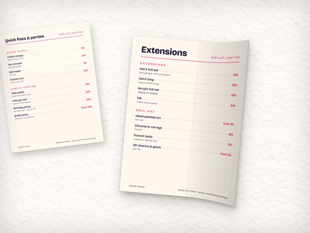 Flexible menu insert template MF-14 for a nail salon: Neon Daisy, a two-column page with service photos, Neon Daisy
