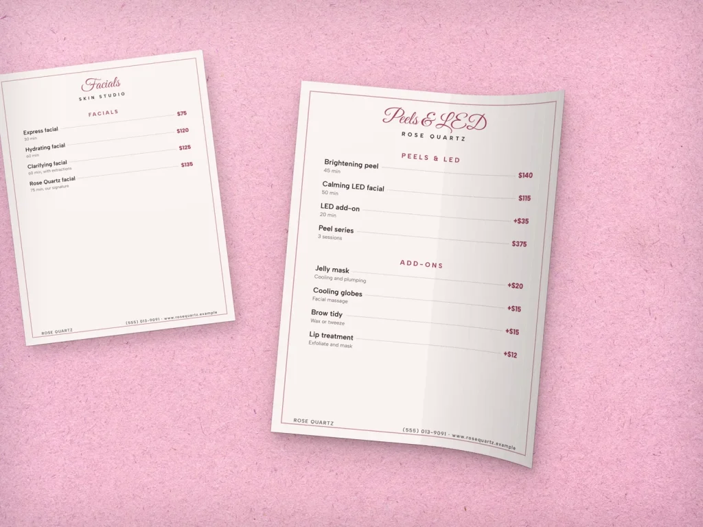 Flexible menu insert template MF-15 for a spa: Rose Quartz, framed service list, Rose Quartz