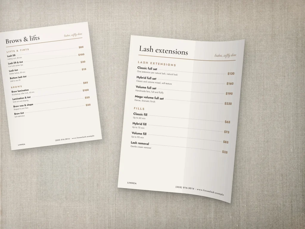 Flexible menu insert template MF-16 for a lash and brow studio: Linnea, a two-column page with service photos, Linnea