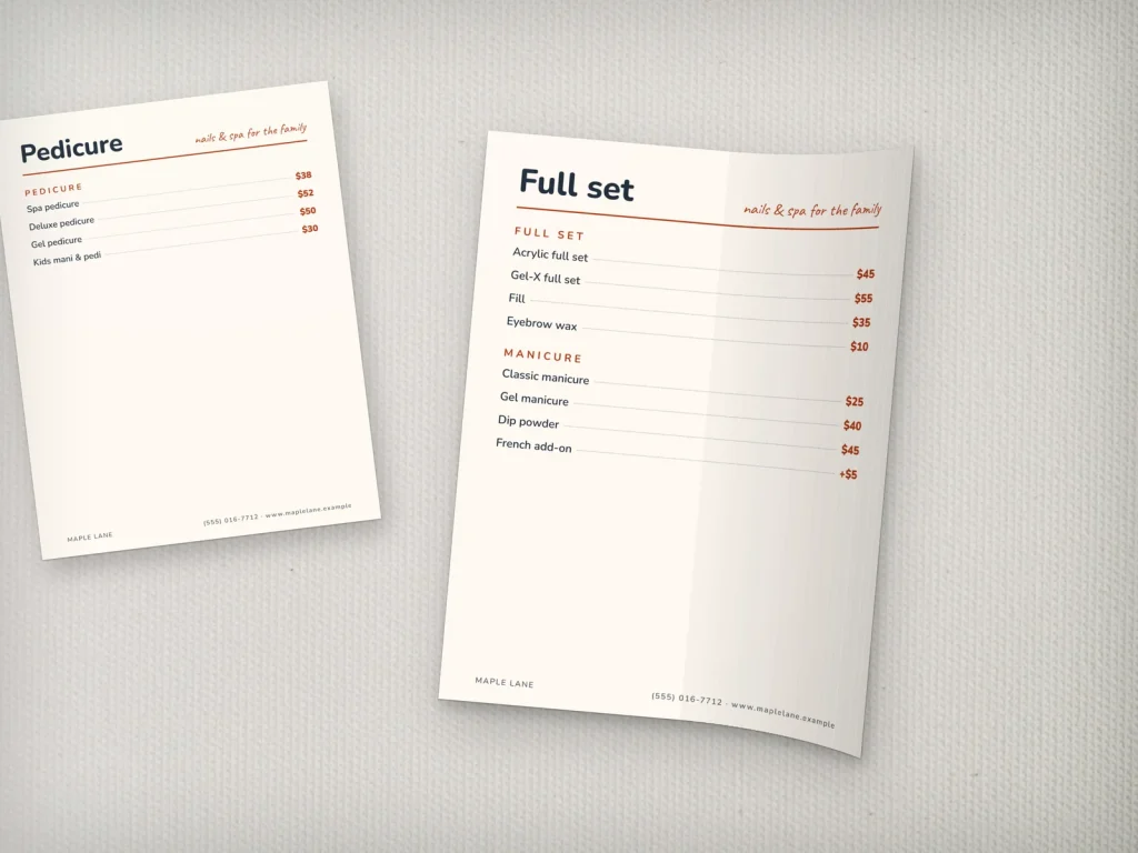 Flexible menu insert template MF-17 for a nail salon: Maple Lane, a two-column page with service photos, Maple Lane