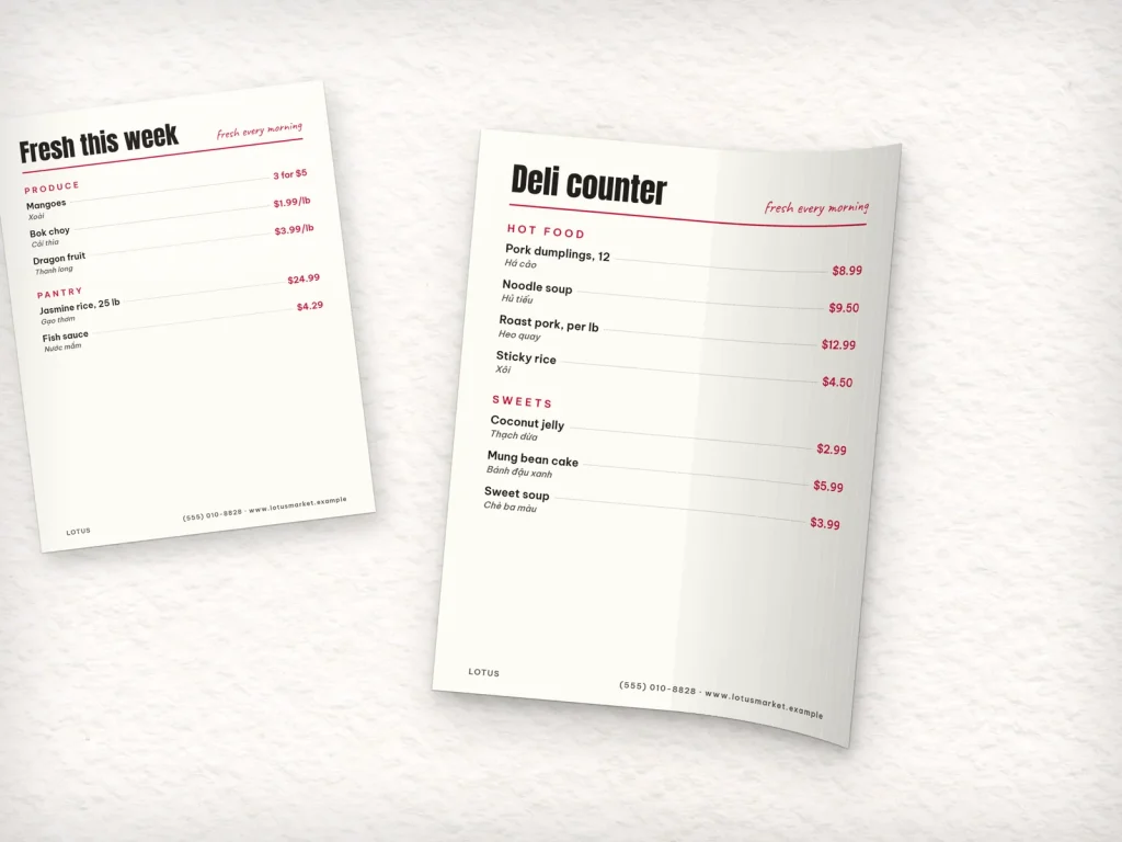 Flexible menu insert template MF-18 for a shop: Lotus, a two-column page with product photos, Lotus