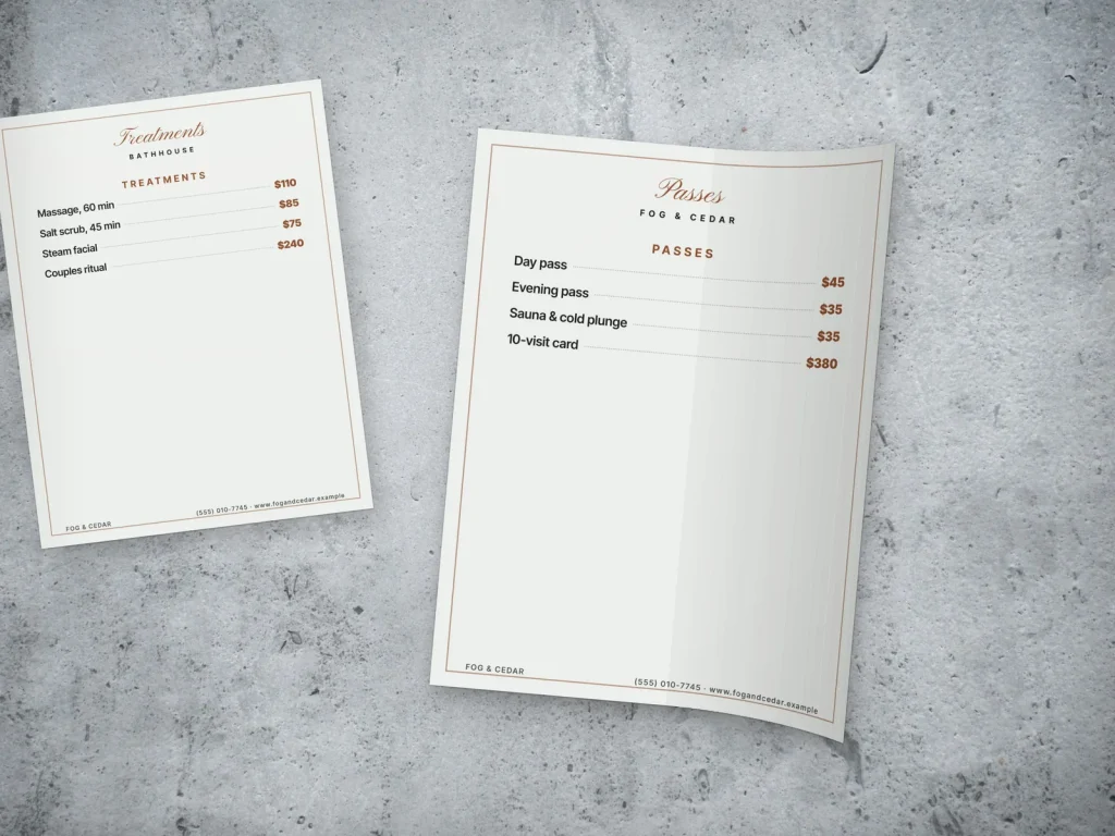 Flexible menu insert template MF-19 for a spa: Fog & Cedar, framed service list, Fog & Cedar