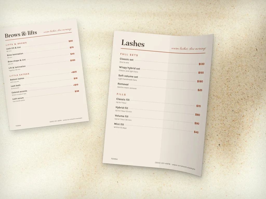Flexible menu insert template MF-20 for a lash and brow studio: Terra, a two-column page with service photos, Terra