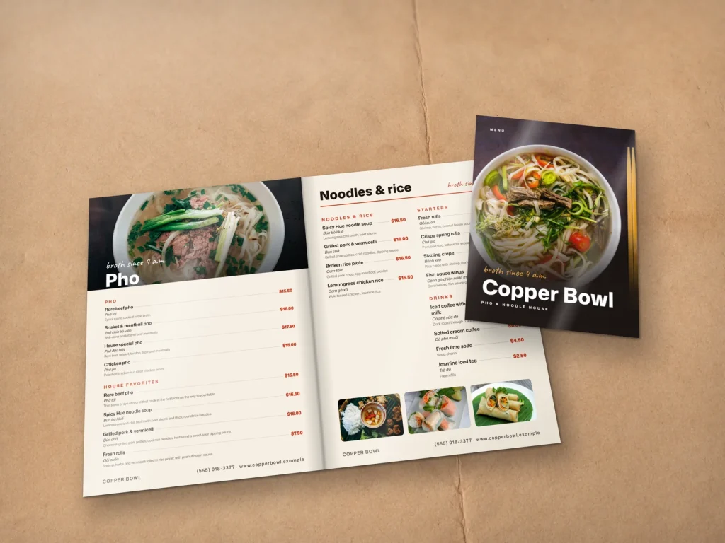 Mẫu menu tráng gương MG-01 cho nhà hàng: Copper Bowl, bìa ảnh tô phở nền tối, trang ảnh và trang hai cột