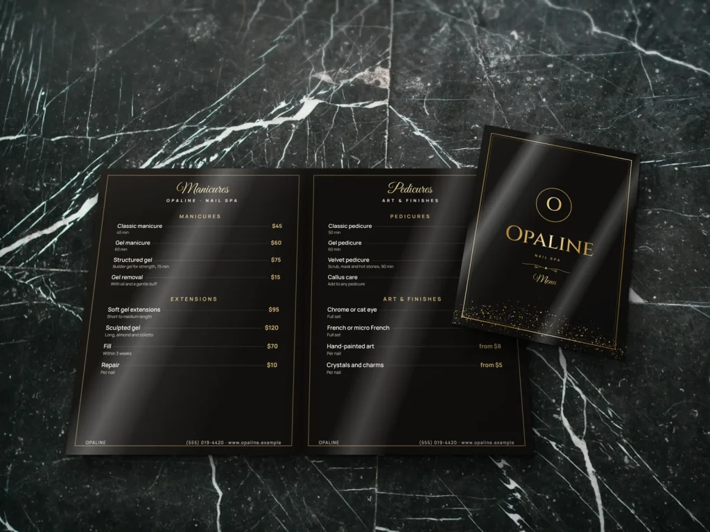Mẫu menu tráng gương MG-02 cho tiệm nail: Opaline, bìa đen kim tuyến vàng, trang dịch vụ có khung