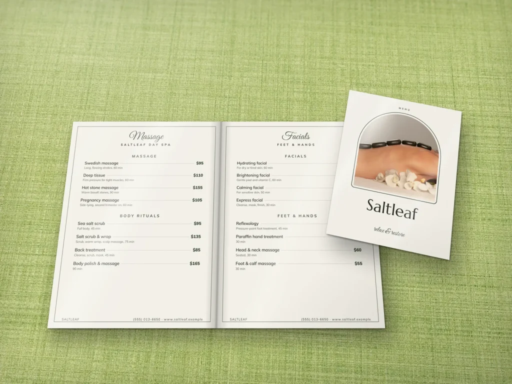 Mẫu menu tráng gương MG-04 cho spa: Saltleaf, bìa ảnh đá nóng trong khung vòm, trang dịch vụ spa