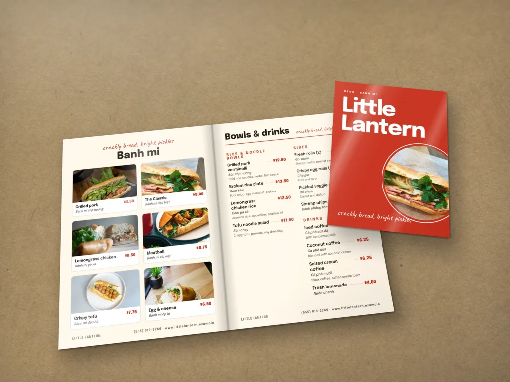Mẫu menu tráng gương MG-05 cho nhà hàng: Little Lantern, bìa chữ lớn đỏ, trang lưới ảnh bánh mì